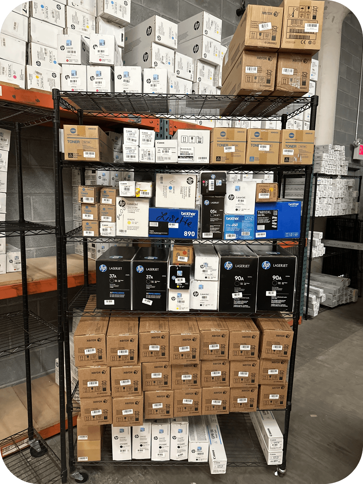 Bulk toner inventory organized for resale