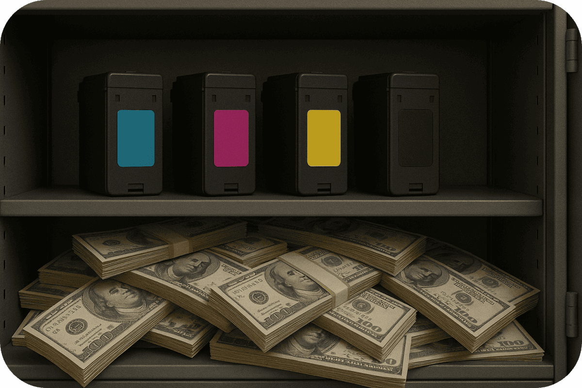Landscape photo of an open gray metal supply cabinet with four printer ink cartridges on the top shelf and stacks of cash piled on the bottom shelf, suggesting surplus cartridges as hidden value.