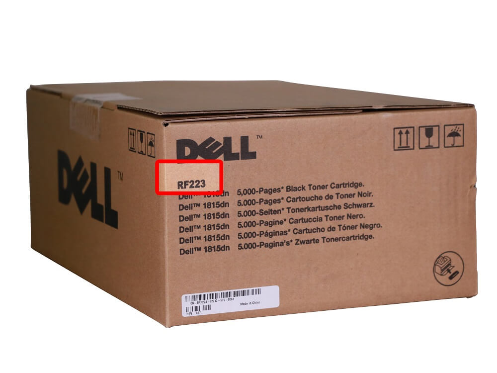 Dell RF223 toner box showing where the model number is printed