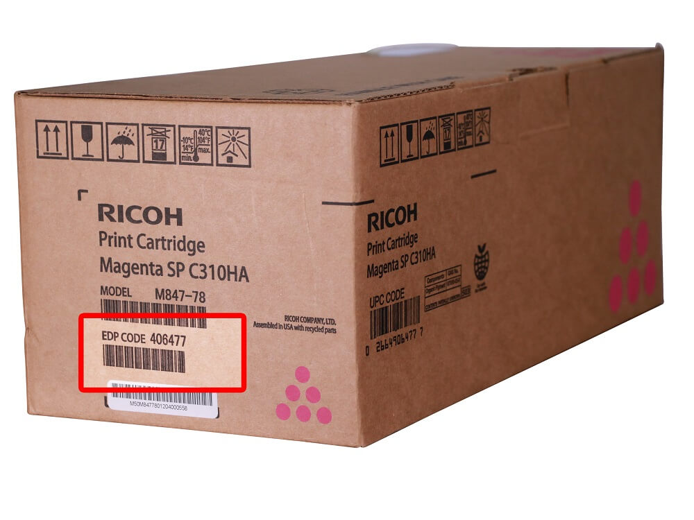 Ricoh 406477 toner box showing where the model number is printed