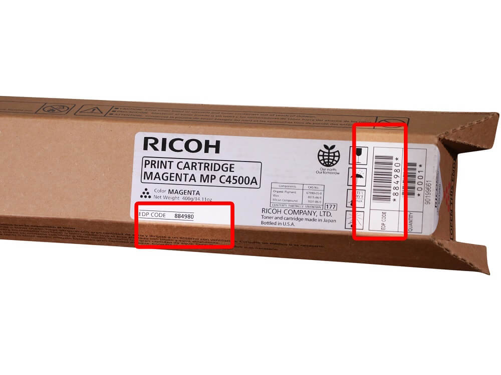 Ricoh 884980 toner box showing where the model number is printed