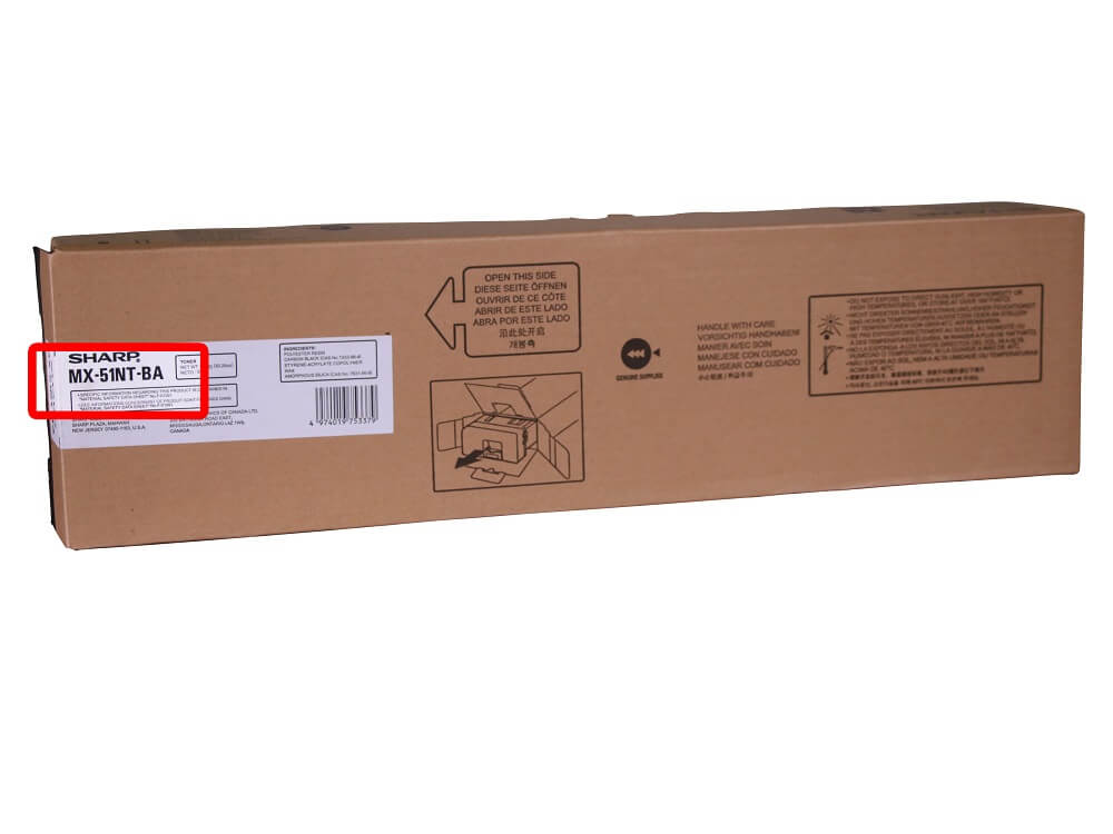 Sharp MX-51NT-BA toner box showing where the model number is printed