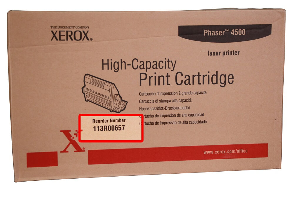 Xerox 113R00657 toner box showing where the model number is printed
